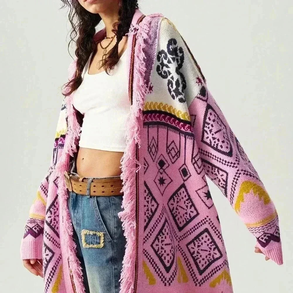 Multicolor Casual Women's Loose Geometric Pattern Fringe Trim Cardigan